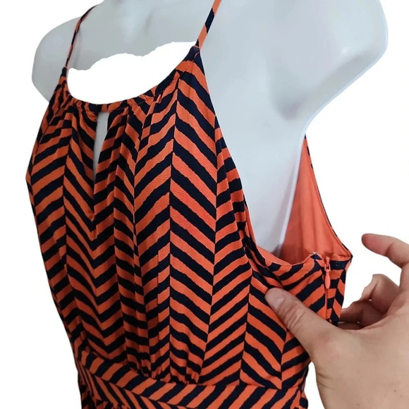 Loft Chevron Maxi Dress Orange Navy Blue M - Picture 3 of 8
